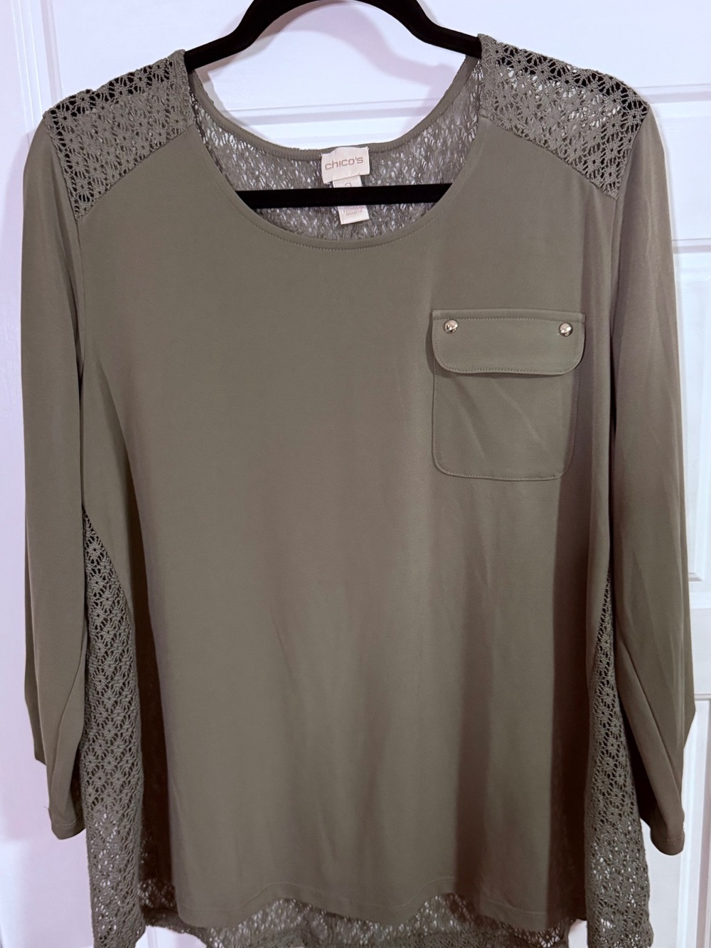 Chico's Olive Lace-Trim and back Scoop Neck Long Sleeve Top